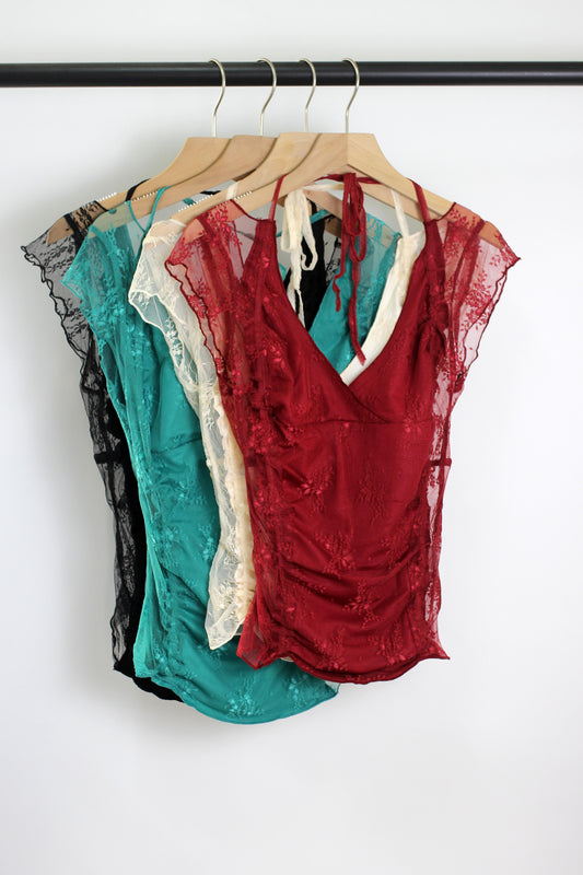 T2502OX87463 - Lace Mesh Halter Neck Sleeveless Top