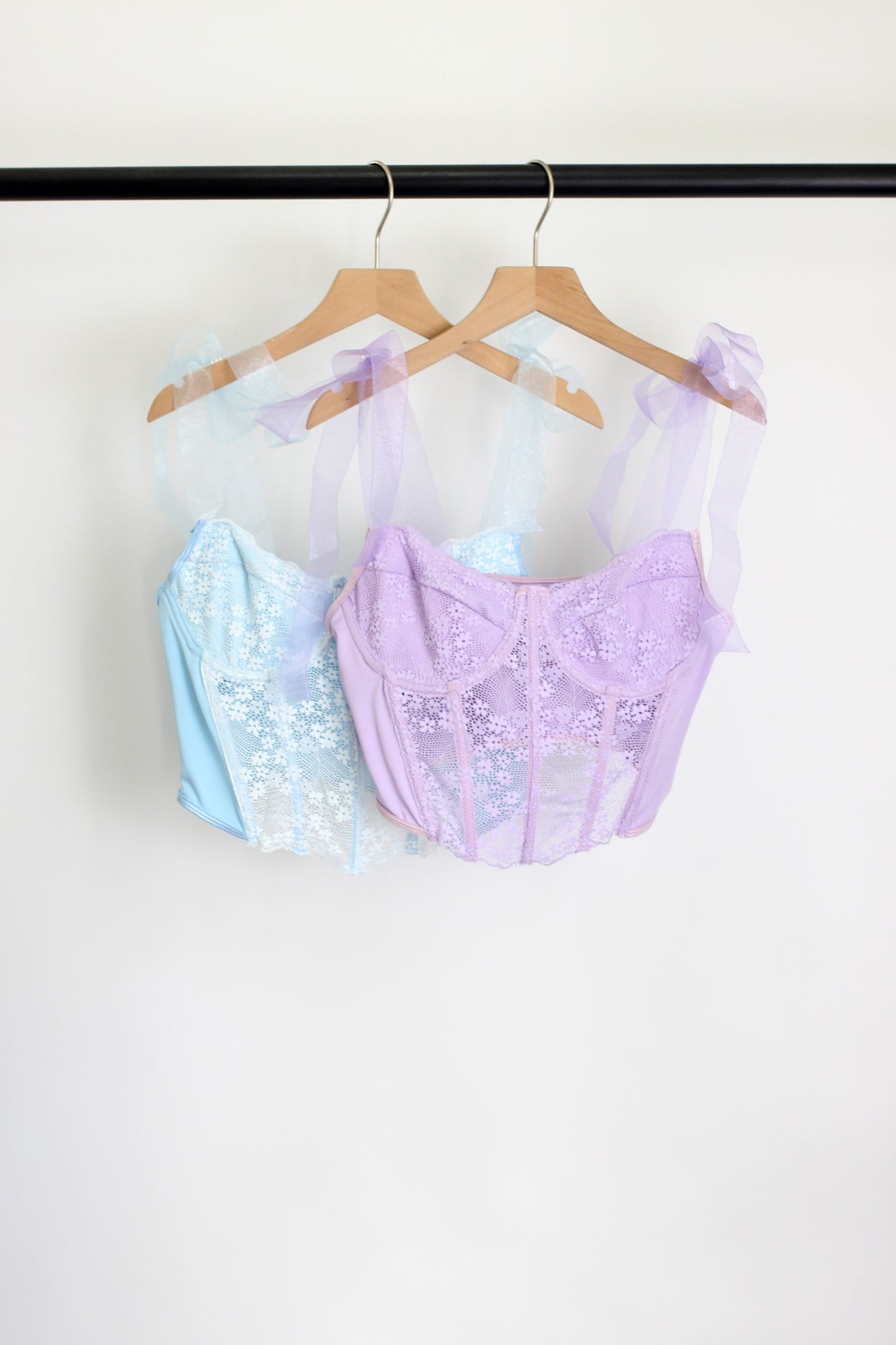 T2502TLQ68869 - Lace-Up Sheer Ribbon Strap Bustier Crop Top