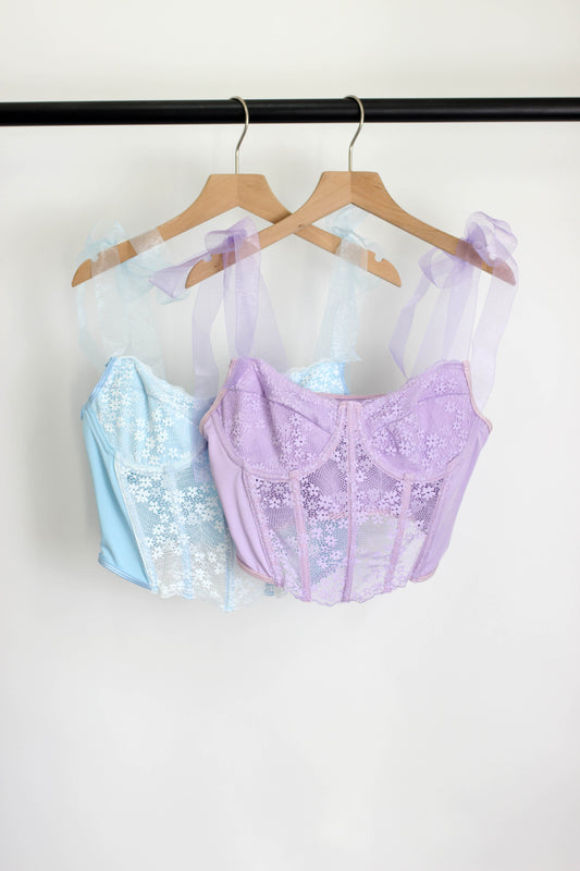 T2502TLQ68869 - Lace-Up Sheer Ribbon Strap Bustier Crop Top