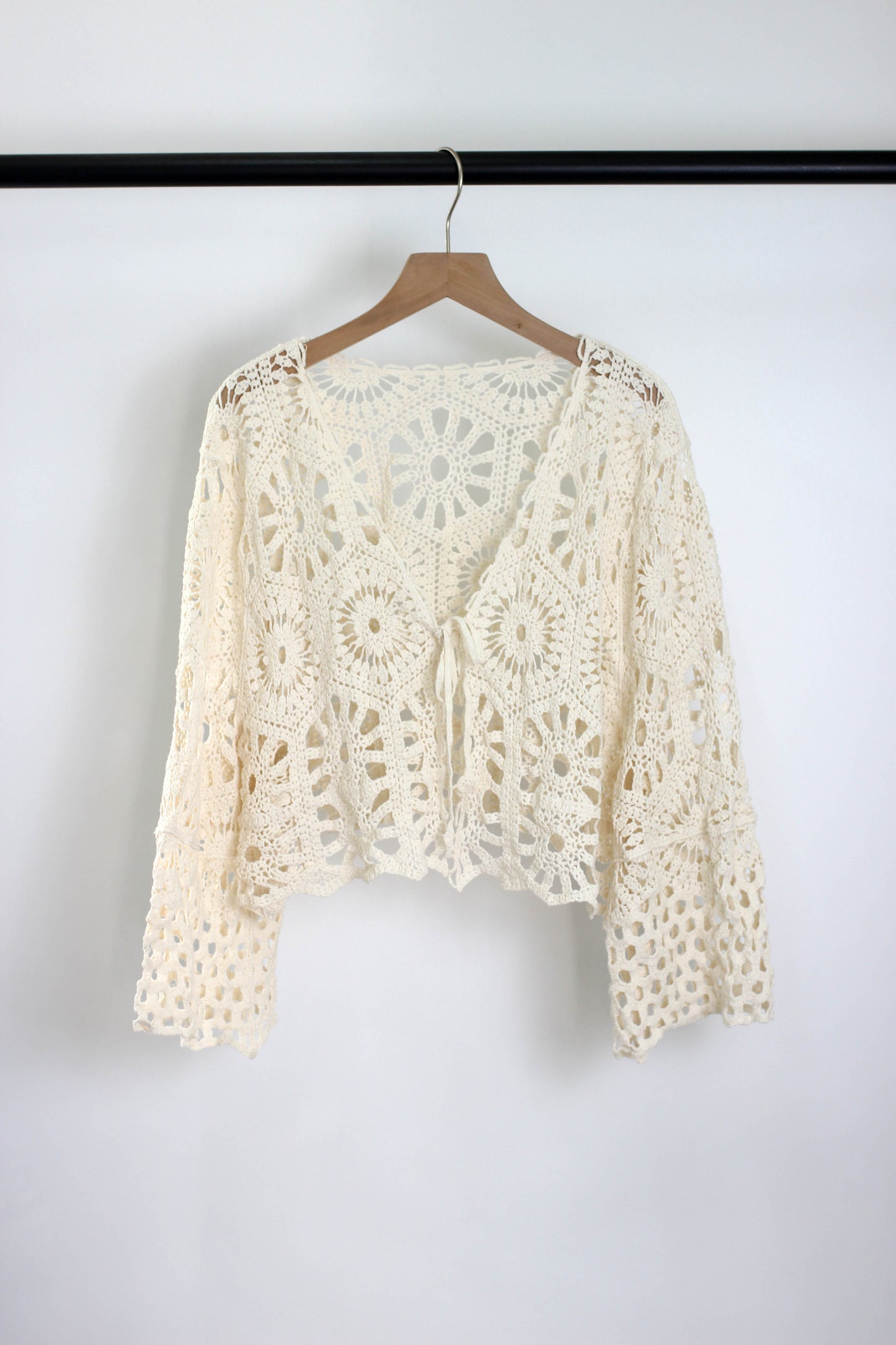 T2502XCFL74083 - Boho Crochet Lace Tie-Front Cardigan