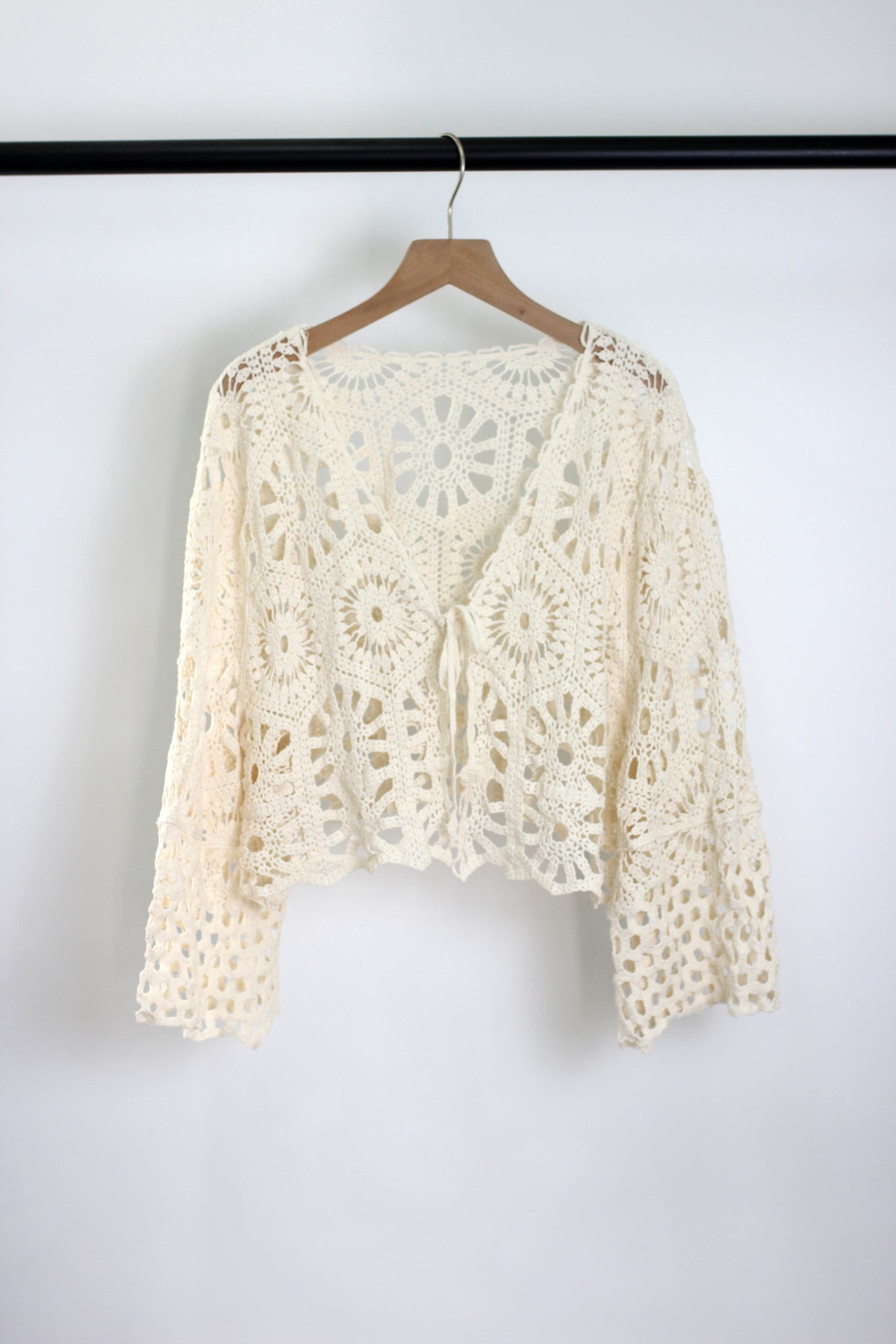 T2502XCFL74083 - Boho Crochet Lace Tie-Front Cardigan