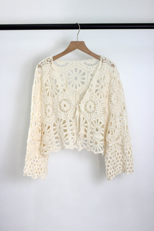 T2502XCFL74083 - Boho Crochet Lace Tie-Front Cardigan