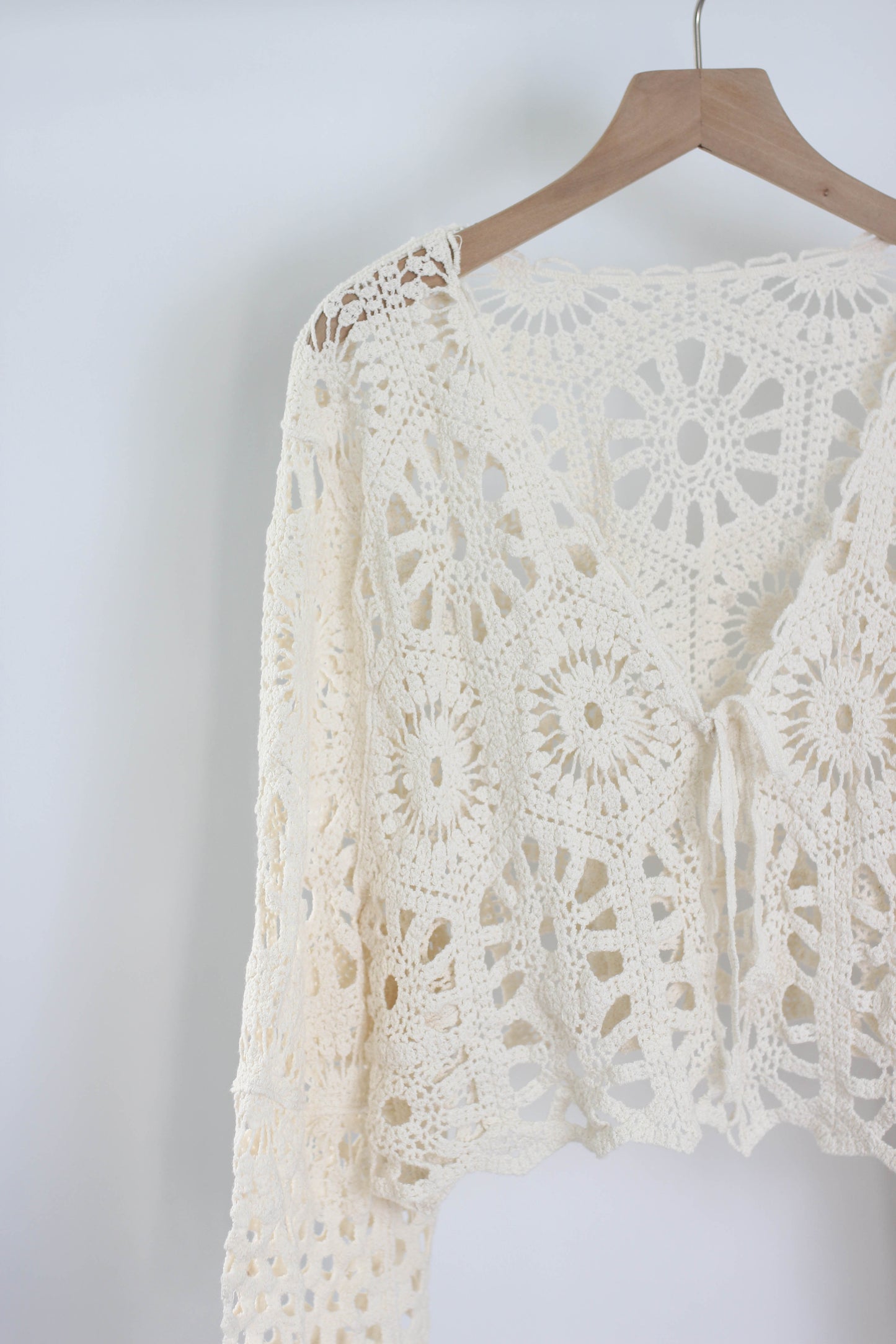 T2502XCFL74083 - Boho Crochet Lace Tie-Front Cardigan
