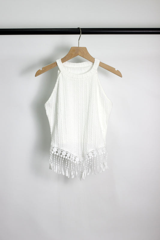 T2502YSQ18352 - Boho Chic Knit Halter Top with Fringe Trim