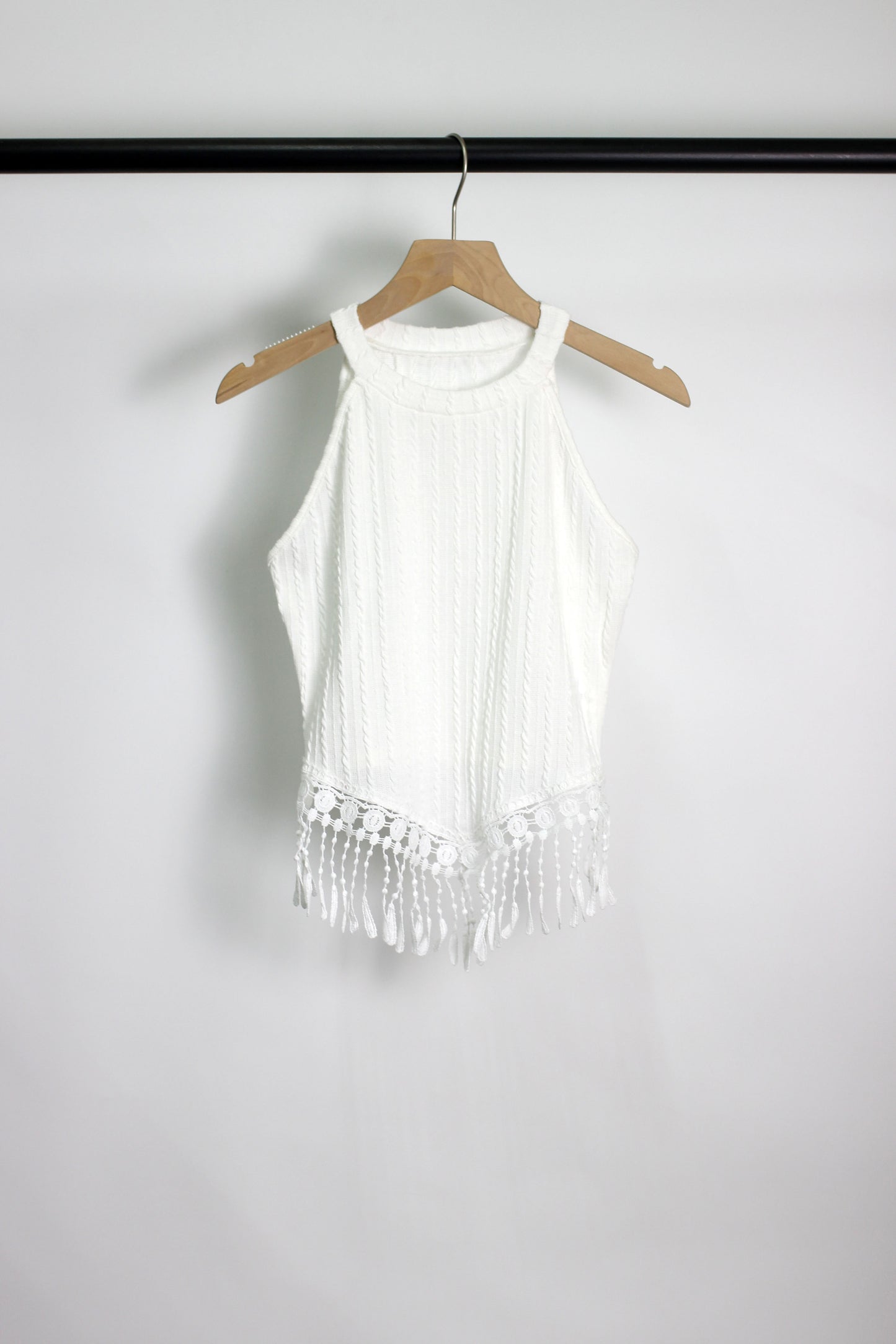 T2502YSQ18352 - Boho Chic Knit Halter Top with Fringe Trim