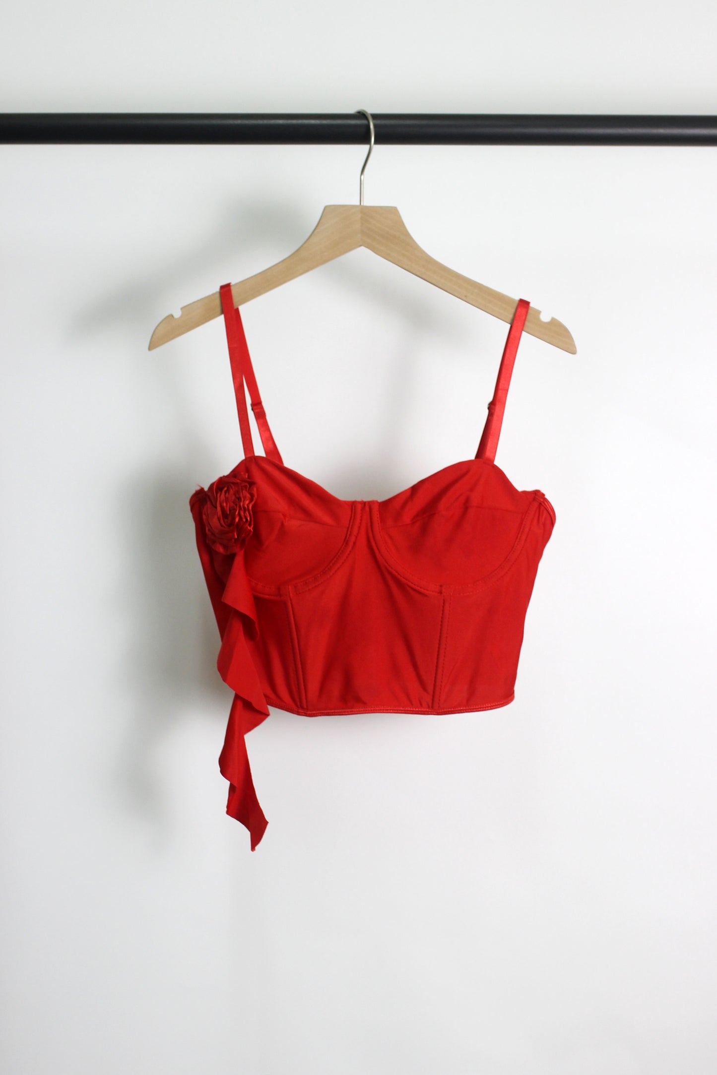 T2503XM13738 - Red Corset-Inspired Bustier Top with Floral Detail