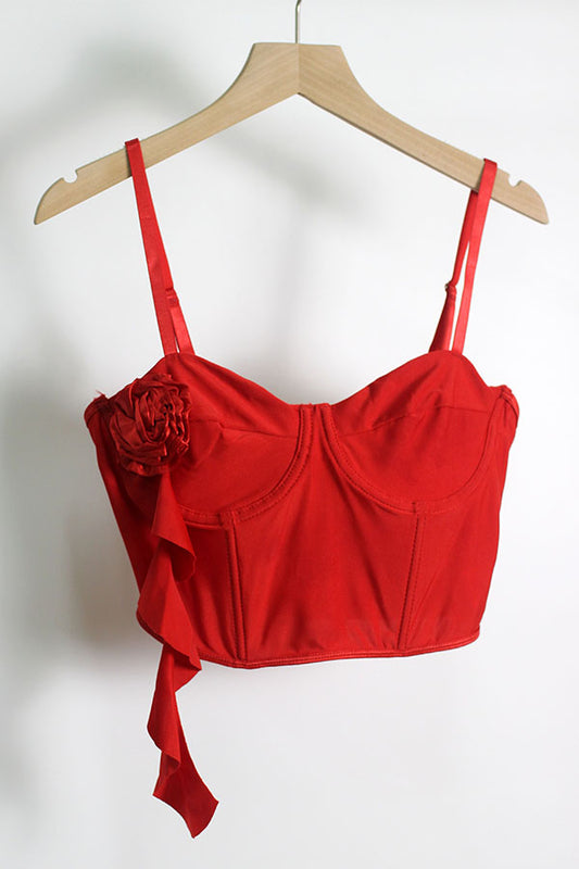 T2503XM13738 - Red Corset-Inspired Bustier Top with Floral Detail