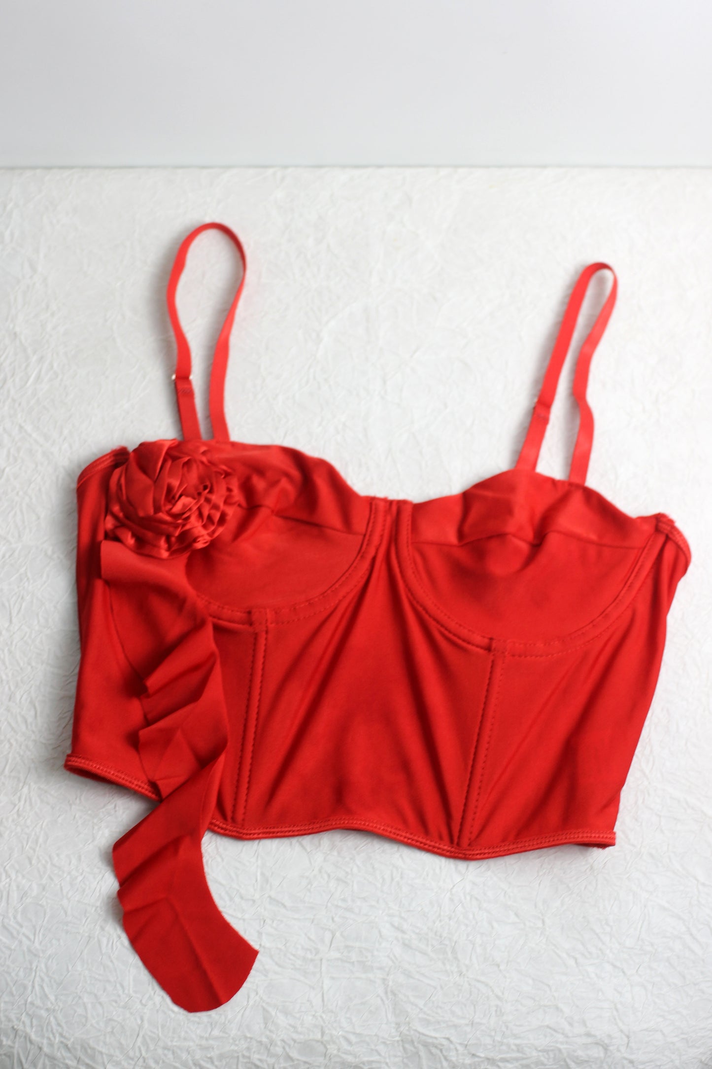 T2503XM13738 - Red Corset-Inspired Bustier Top with Floral Detail