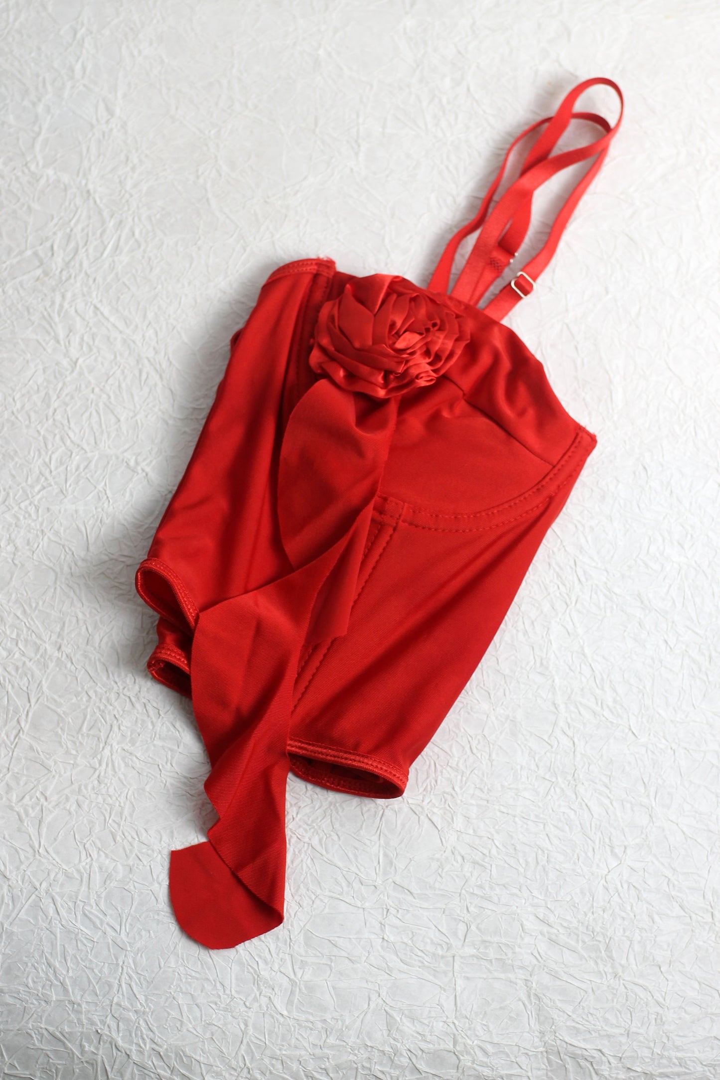 T2503XM13738 - Red Corset-Inspired Bustier Top with Floral Detail