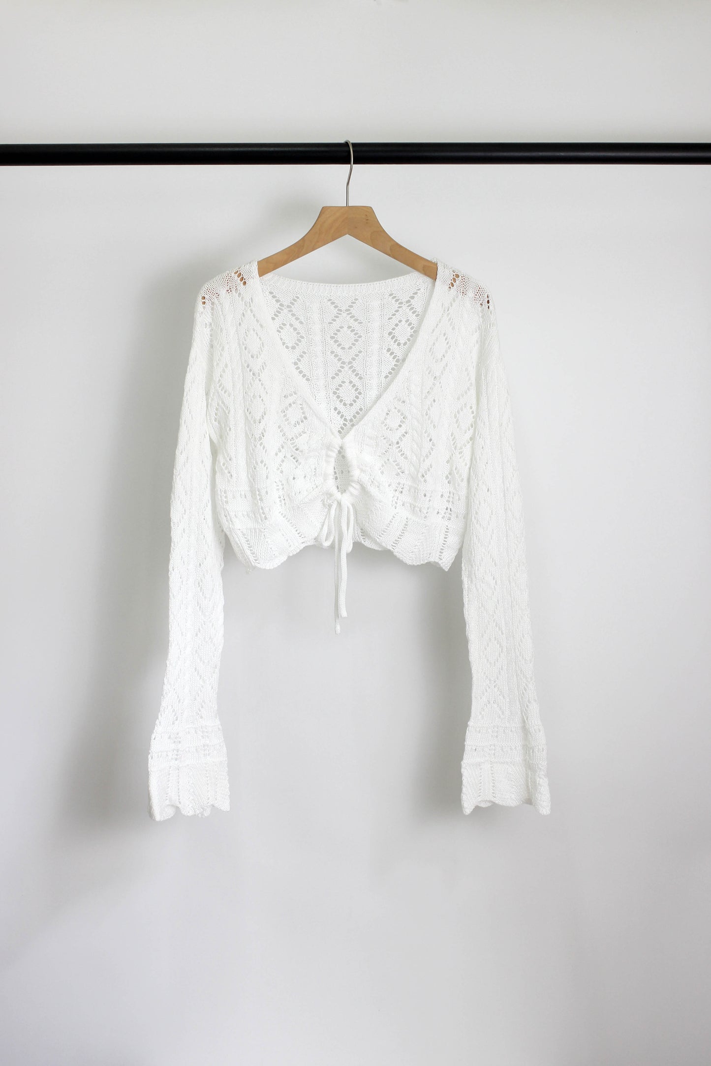 T2504MY22296 - Crochet Knit Bell Sleeve Crop Cardigan