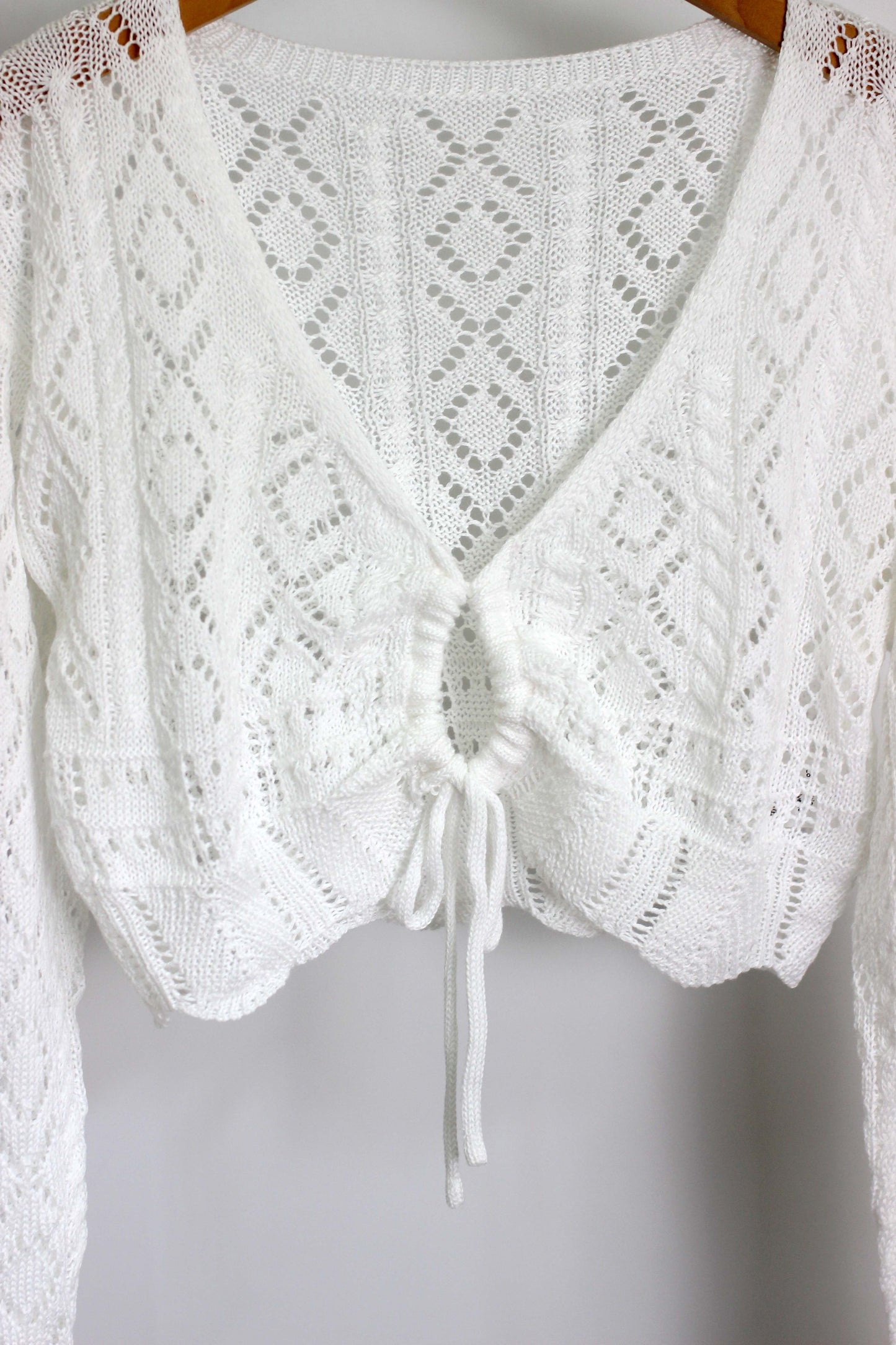 T2504MY22296 - Crochet Knit Bell Sleeve Crop Cardigan