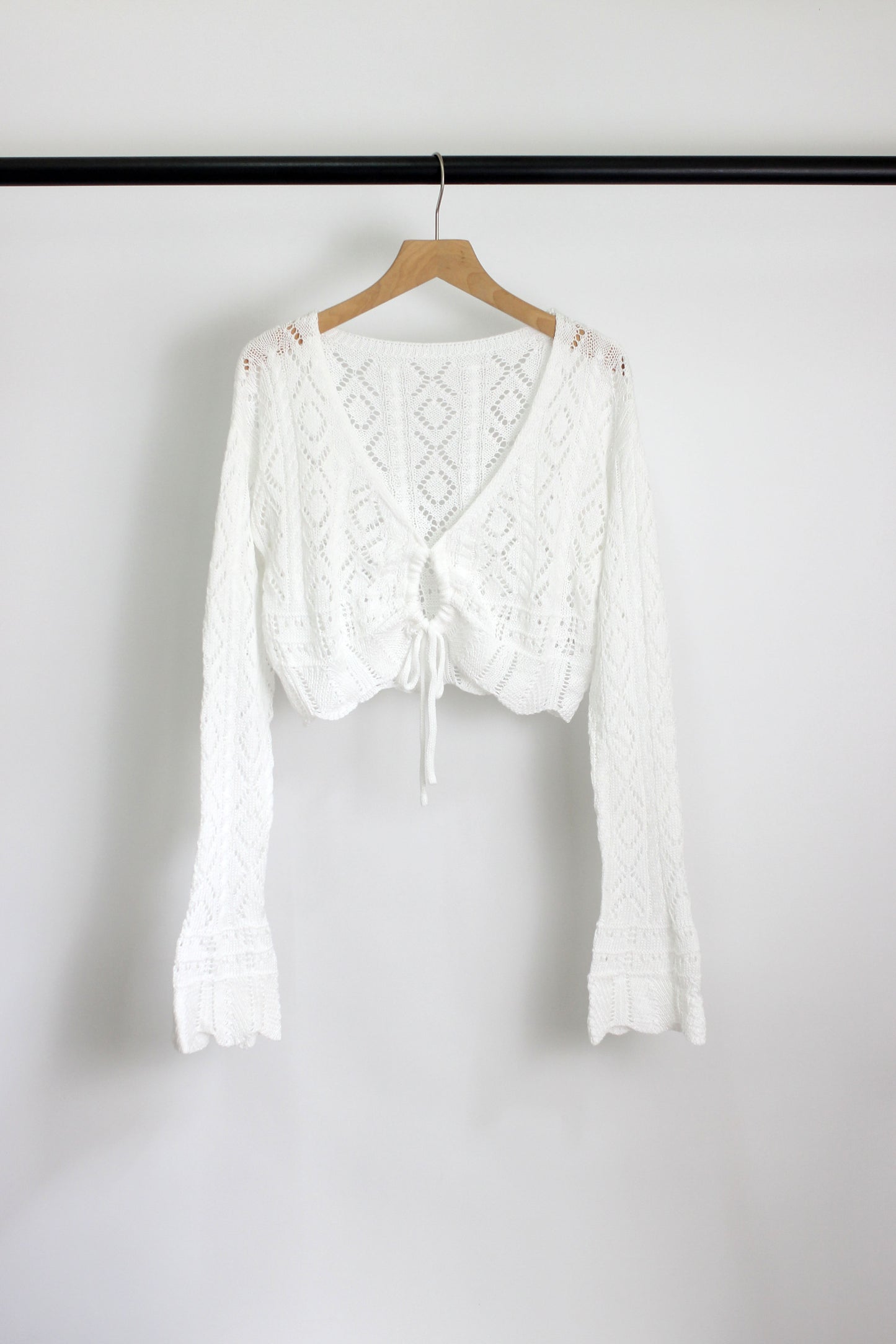 T2504MY22296 - Crochet Knit Bell Sleeve Crop Cardigan