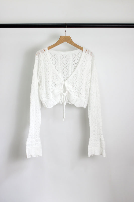 T2504MY22296 - Crochet Knit Bell Sleeve Crop Cardigan