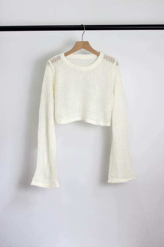 T2504MY76487 - Crochet Knit Long Sleeve Crop Top