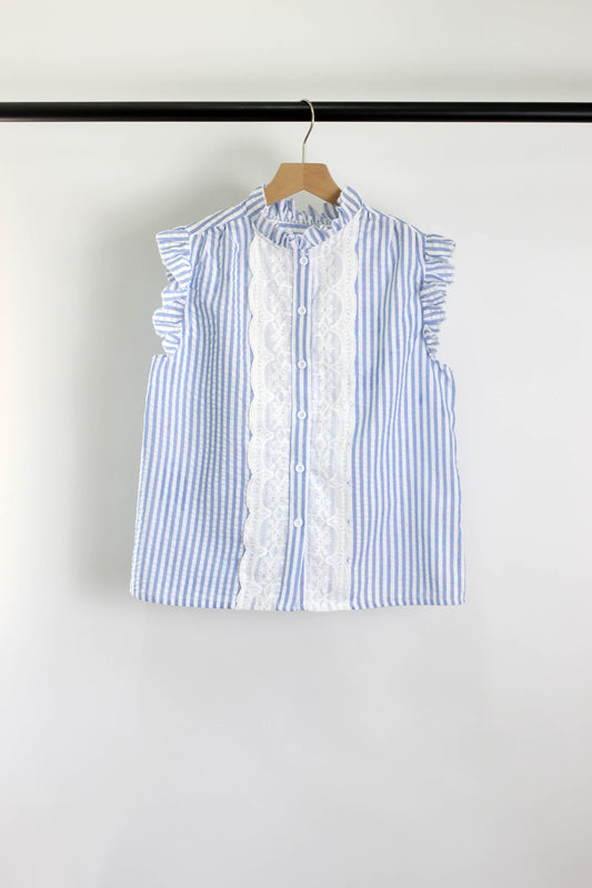 T2504YIB99413 - Sleeveless Ruffled Lace Panel Blouse