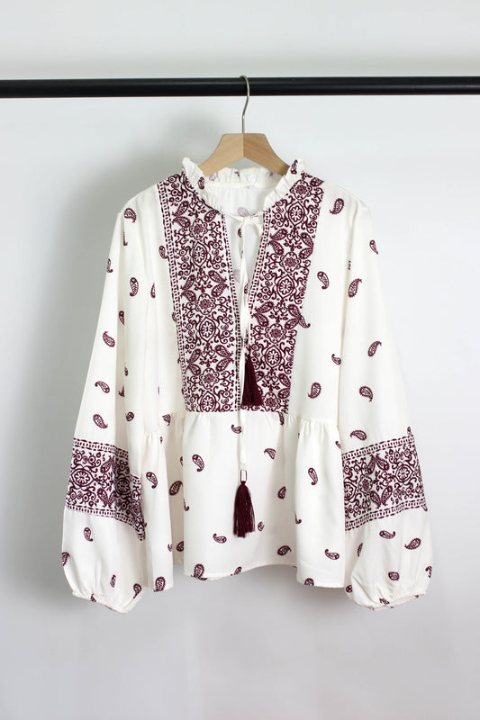 T2505RYY31124 - Paisley Embroidered Boho Blouse