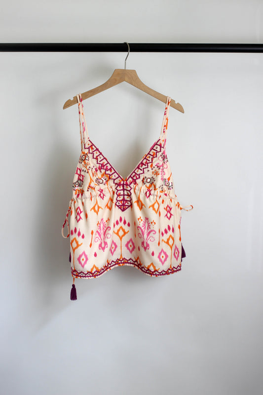 T2506ML29205 - Boho Embroidered Tassel Camisole Top