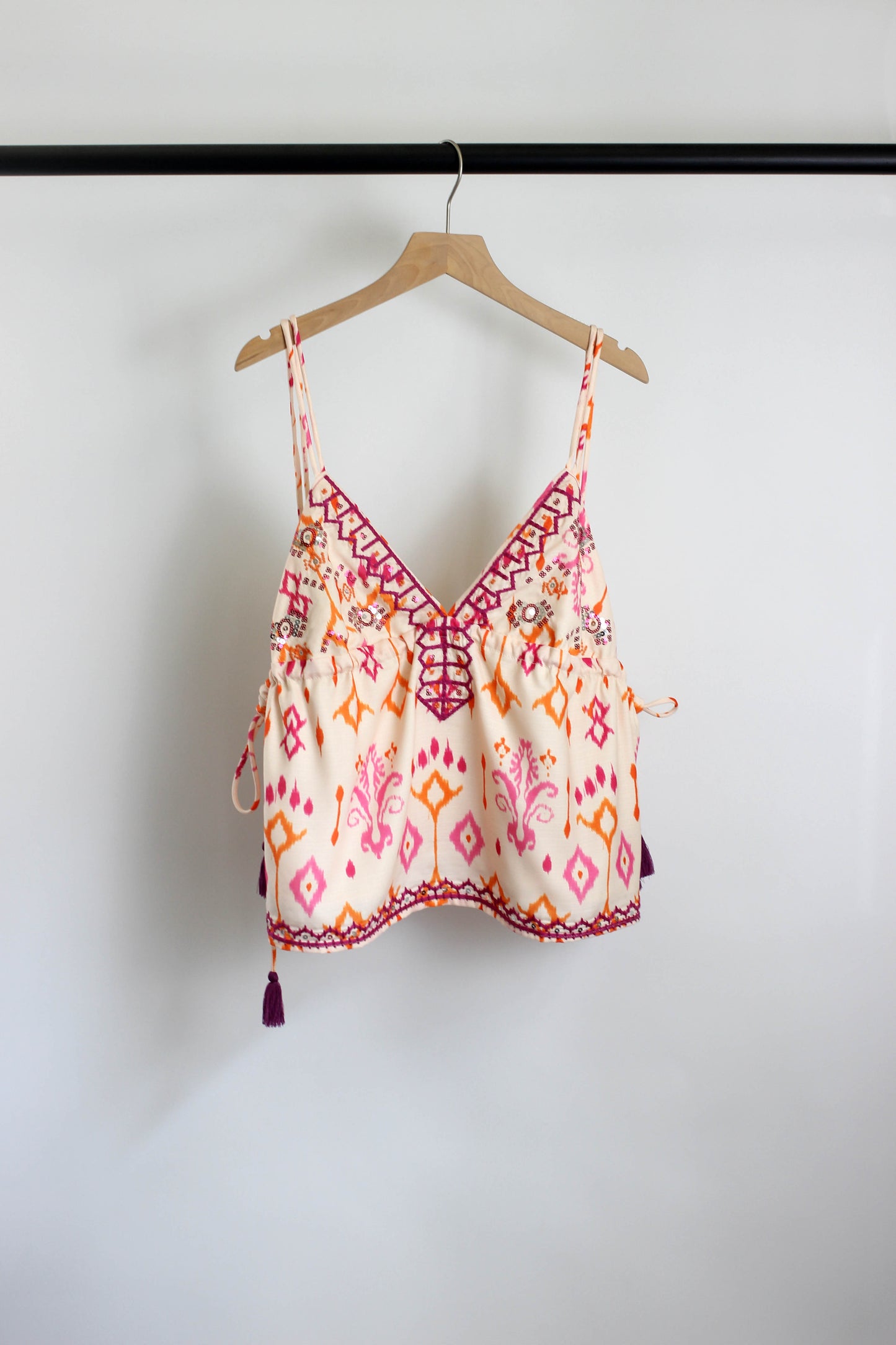 T2506ML29205 - Boho Embroidered Tassel Camisole Top