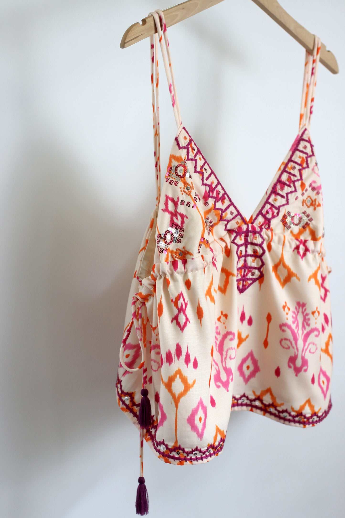 T2506ML29205 - Boho Embroidered Tassel Camisole Top