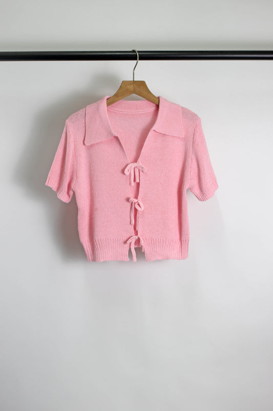 T2506SM55809 - Bow-Tie Front Knit Polo Crop Top