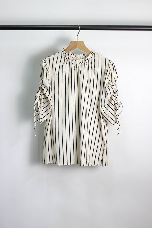 T2506YIB54767 - Striped Drawstring Sleeve Rhinestone Blouse
