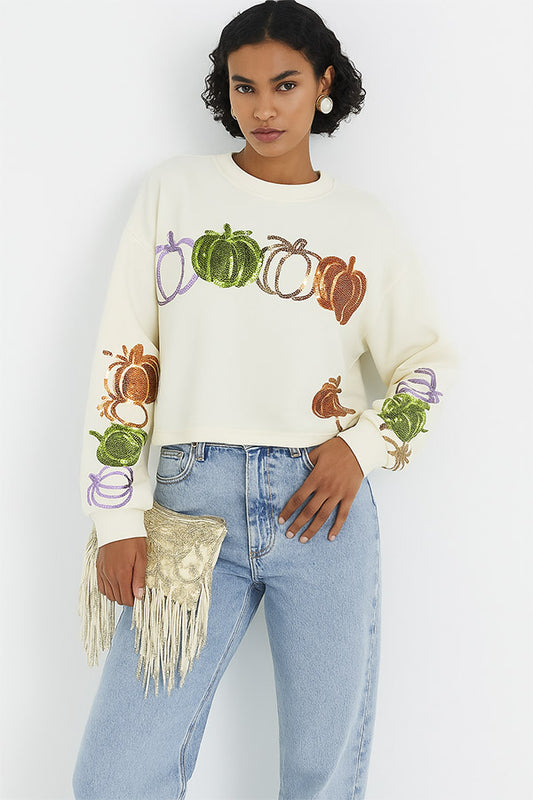 T2507YM70908-Sequin Pumpkin Graphic Sweatshirt ¨C Fall Harvest Pullover