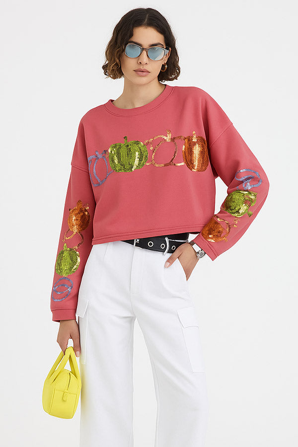 T2507YM70908-Sequin Pumpkin Graphic Sweatshirt ¨C Fall Harvest Pullover