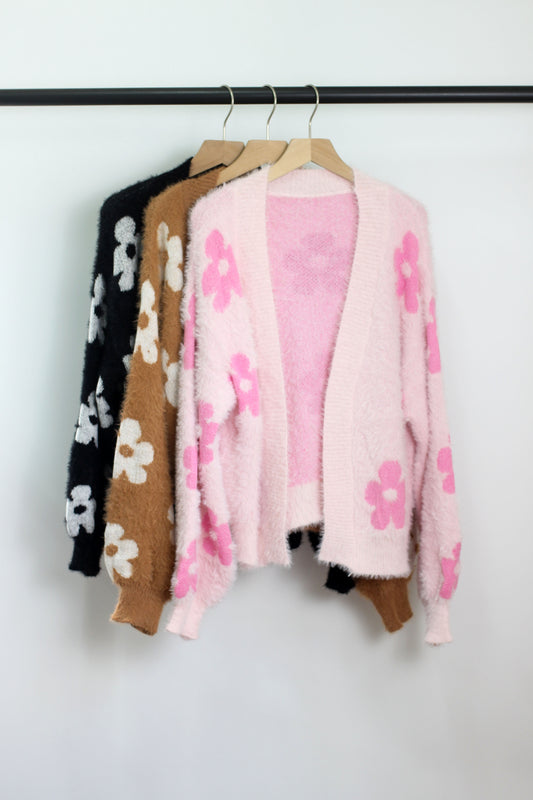 W2206JYYS4894-1 - Floral Fuzzy Open-Front Cardigan