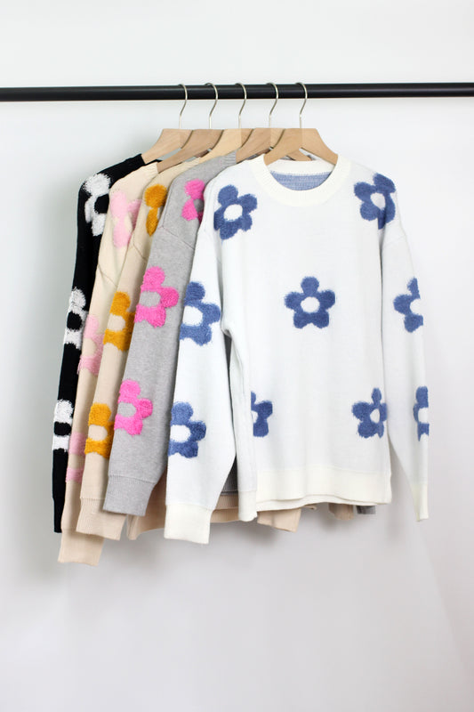W2406JYYS52185 - WOMEN FLORAL PATTERN ACRYLIC SWEATER