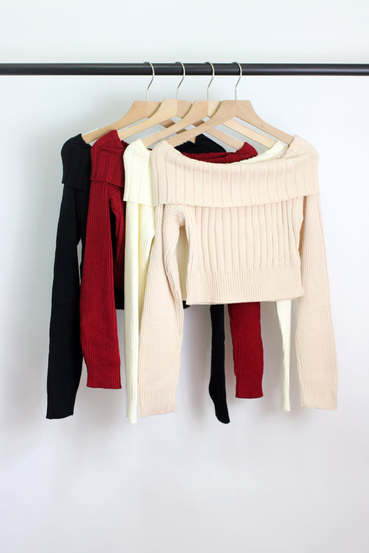 W2407MNE89263 - Off-Shoulder Ribbed Knit Sweater