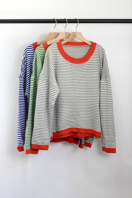 W2408BLH98695 - Striped Ribbed Knit Sweater with Contrast Trim