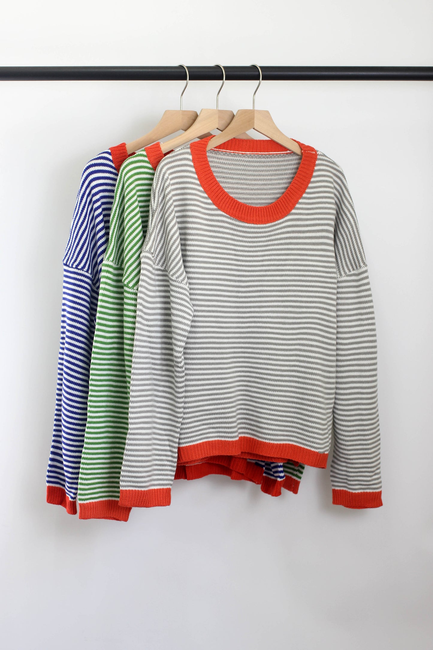 W2408BLH98695 - Striped Ribbed Knit Sweater with Contrast Trim