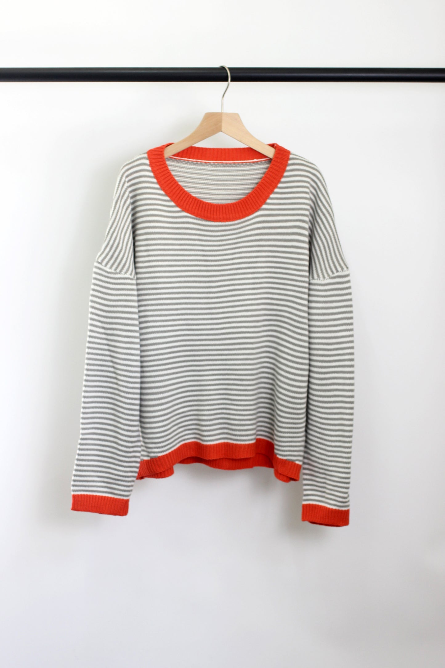 W2408BLH98695 - Striped Ribbed Knit Sweater with Contrast Trim