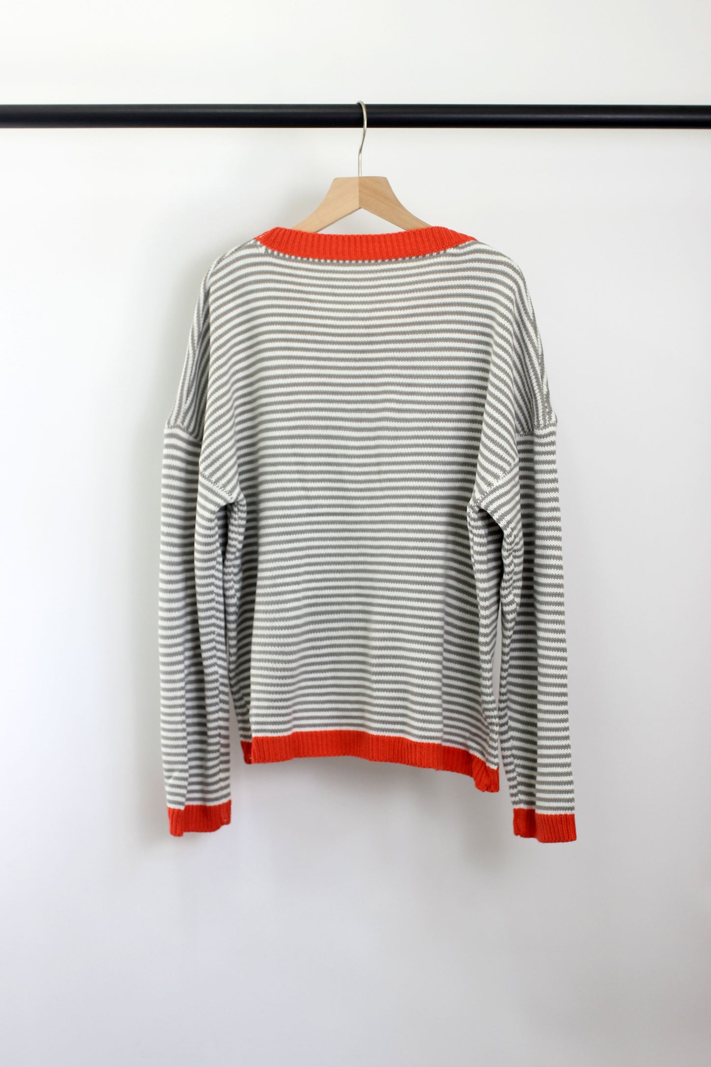 W2408BLH98695 - Striped Ribbed Knit Sweater with Contrast Trim