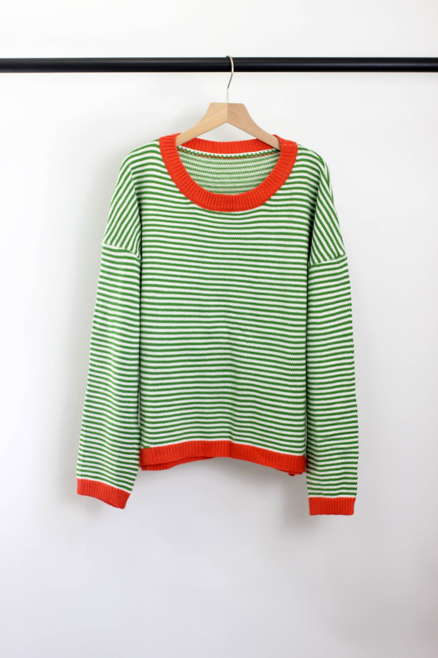 W2408BLH98695 - Striped Ribbed Knit Sweater with Contrast Trim