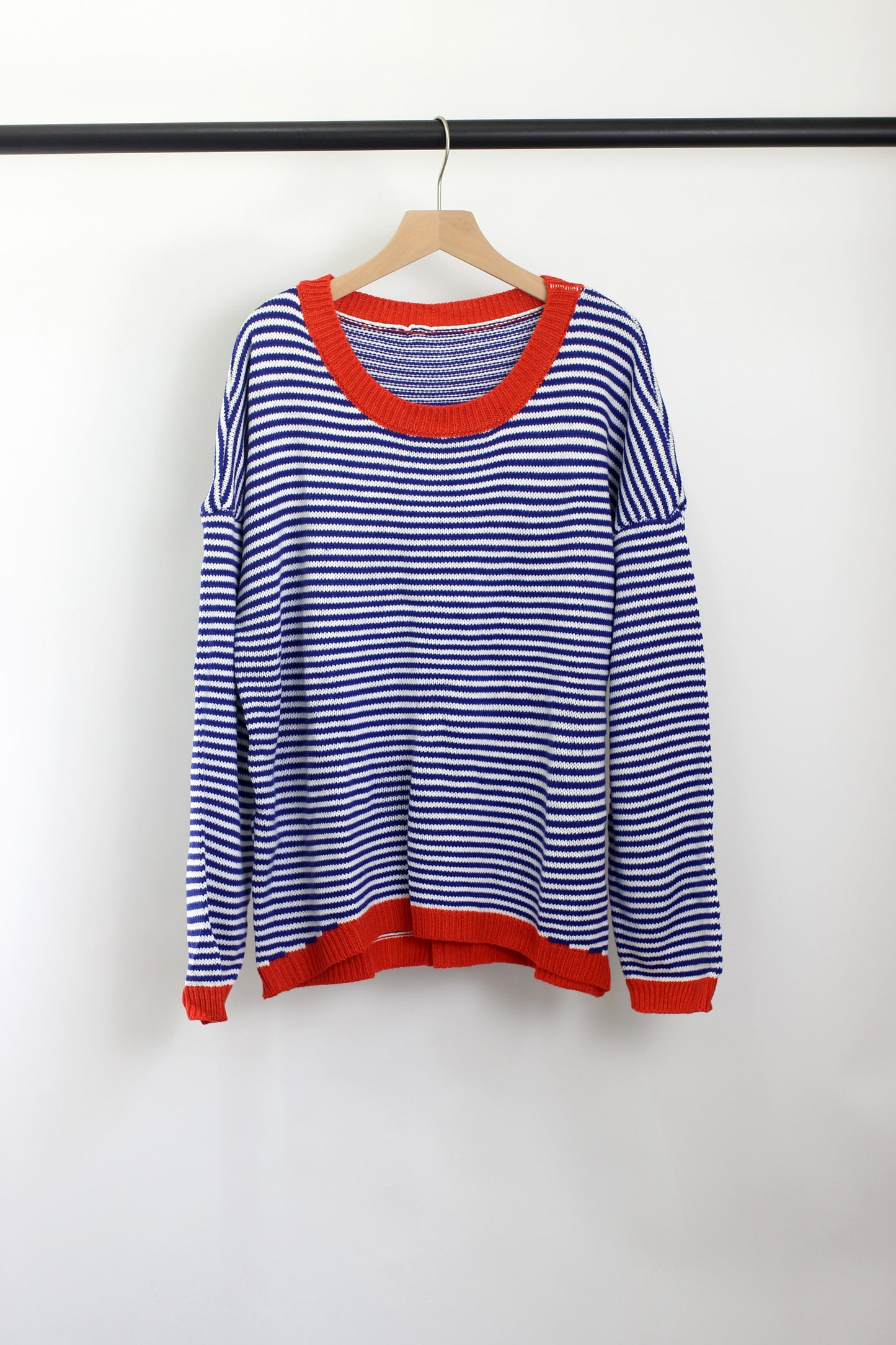 W2408BLH98695 - Striped Ribbed Knit Sweater with Contrast Trim