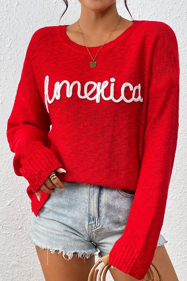 W2408MY54489 - America Embroidered Crew Neck Sweaters