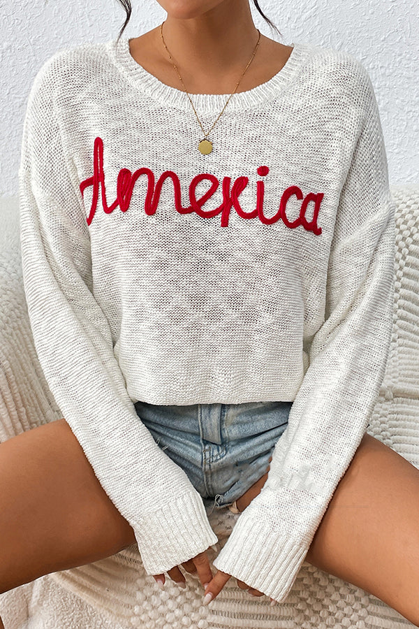 W2408MY54489 - America Embroidered Crew Neck Sweaters