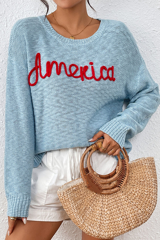 W2408MY54489 - America Embroidered Crew Neck Sweaters