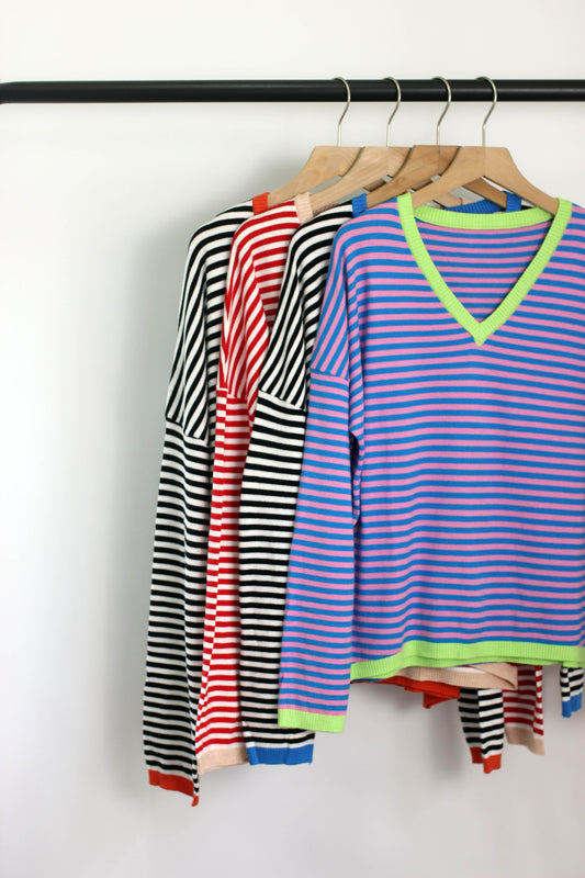 W2409MD47978 - Striped V-Neck Long-Sleeve Sweater