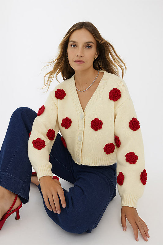 W2506MY73953 - Floral Embroidered Knit Cardigan with 3D Rose Appliqu¨¦