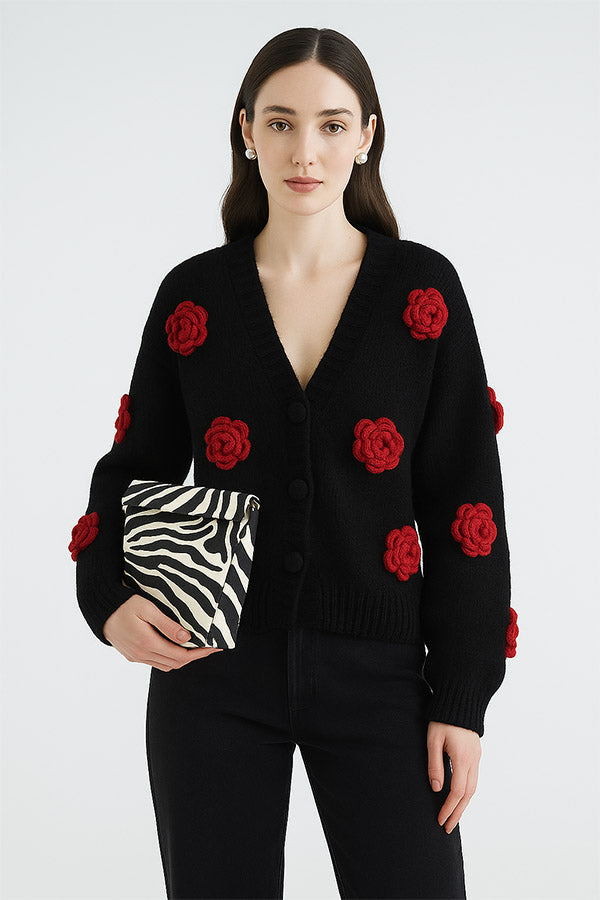 W2506MY73953 - Floral Embroidered Knit Cardigan with 3D Rose Appliqu¨¦