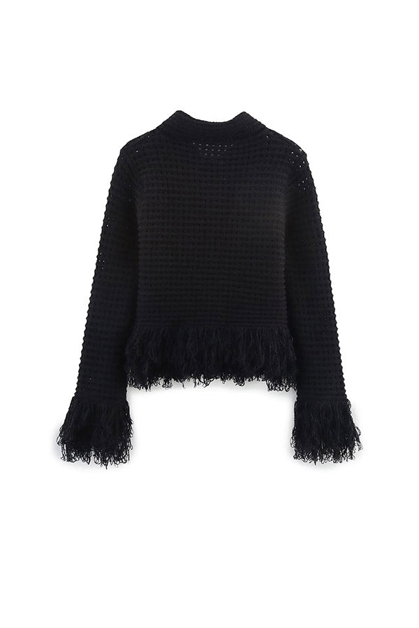 W2506SM93921 - Fringe Trim Hollow Knit Button-Up Cardigan