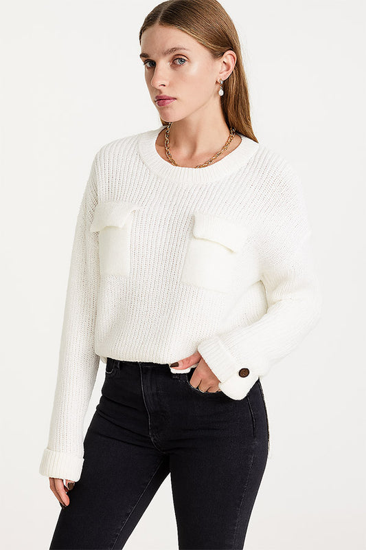 W2507JYYS33761 - Women's Button-Cuff Pocket Knit Sweater