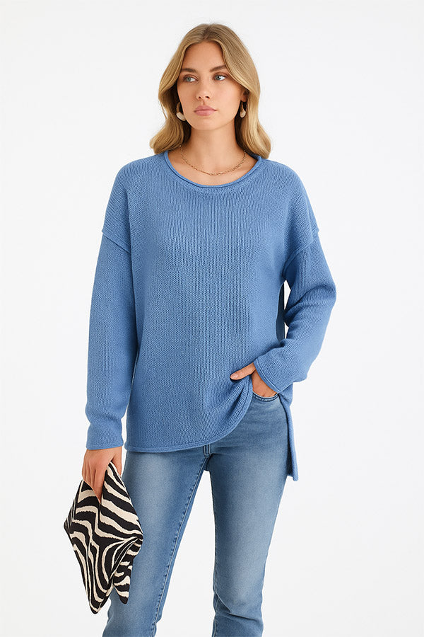 W2507SF29182 - Relaxed Knit Crewneck Sweater ¨C Side Slit Design