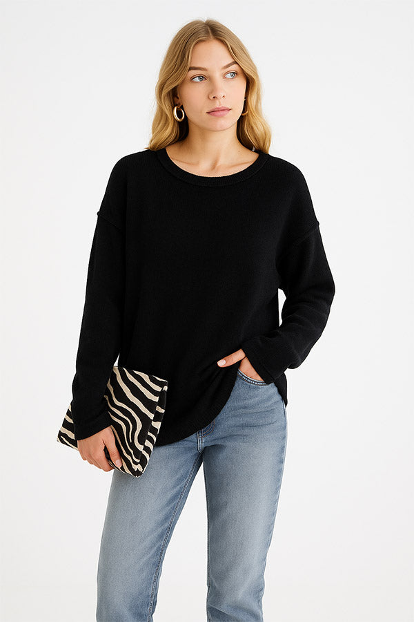 W2507SF29182 - Relaxed Knit Crewneck Sweater ¨C Side Slit Design
