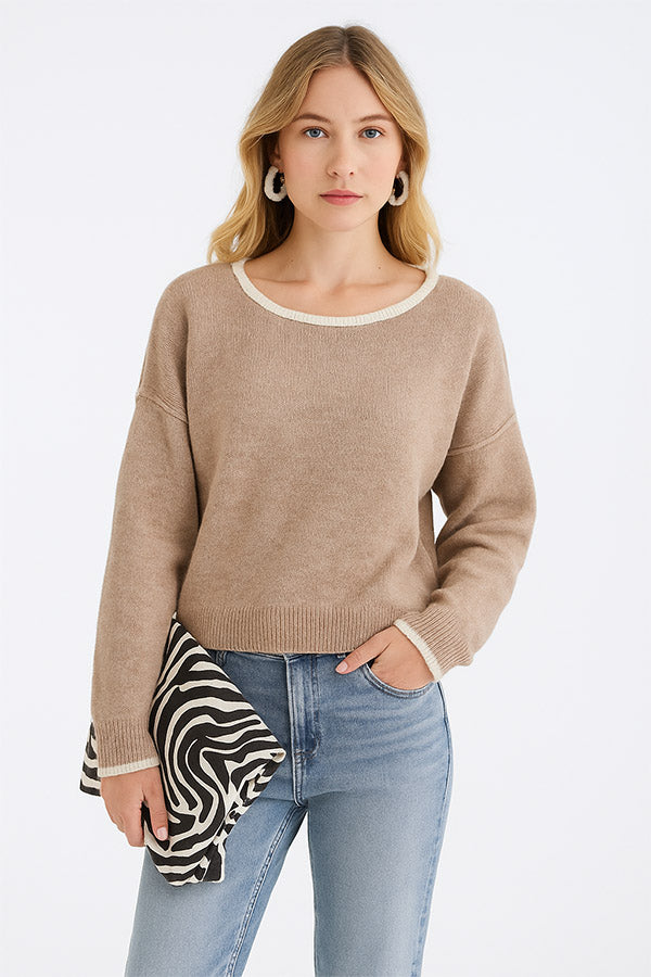 W2507SF75067 - Contrast Trim Soft Knit Pullover Sweater