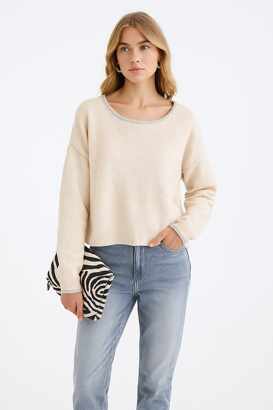 W2507SF75067 - Contrast Trim Soft Knit Pullover Sweater