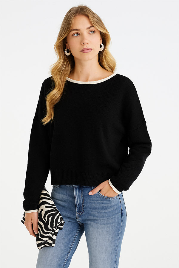 W2507SF75067 - Contrast Trim Soft Knit Pullover Sweater